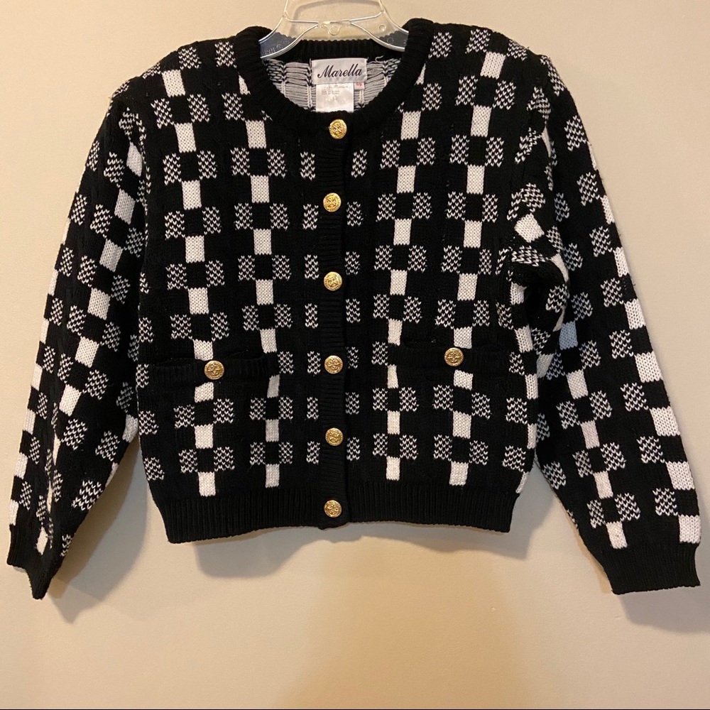 Vintage Cardigan Black and White Check Gold Button